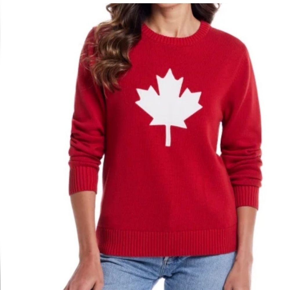 Weatherproof Vintage Red Knitted Crew Neck Sweater with White Maple Leaf